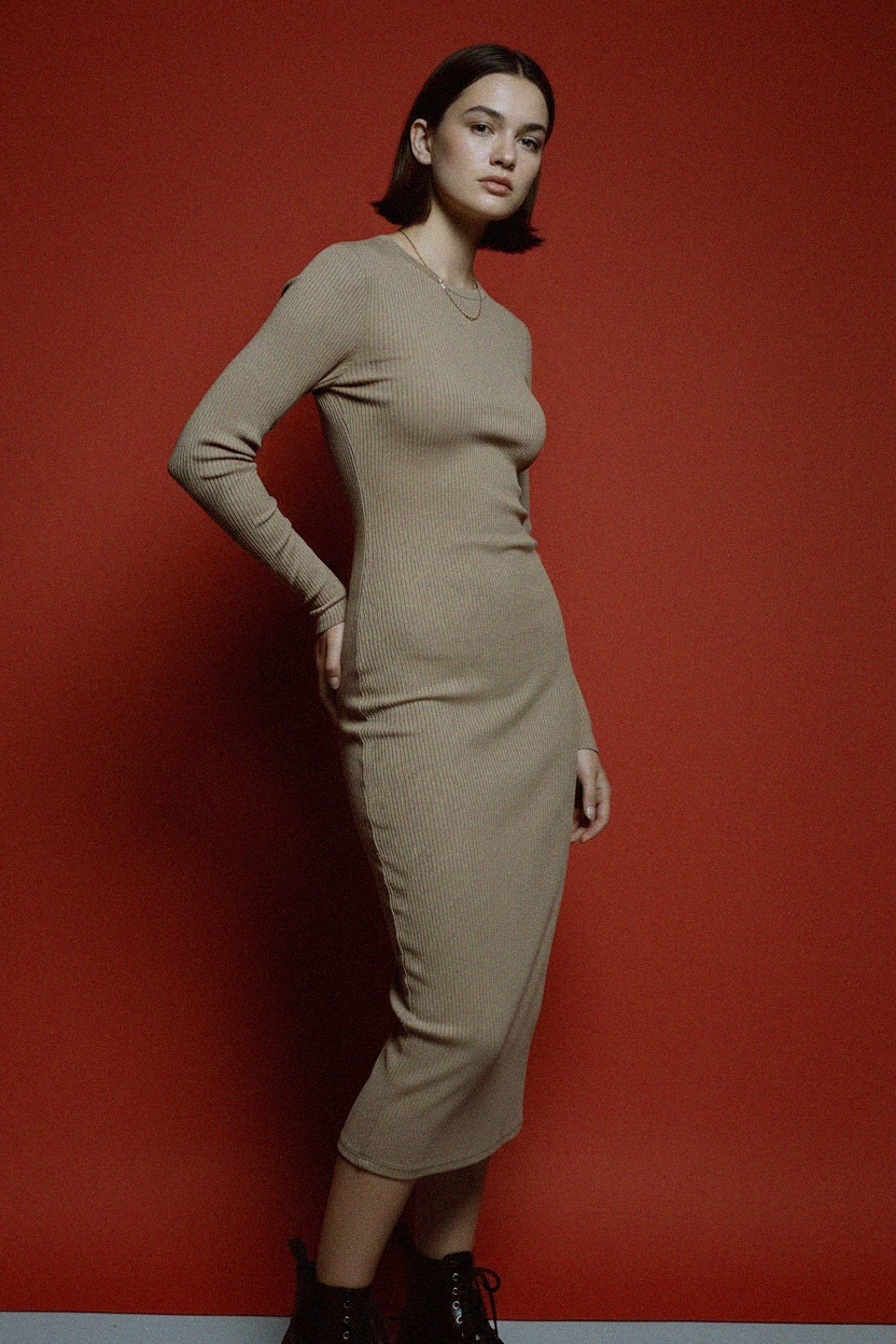 Elegancka prążkowana sukienka midi z długim rękawem zdjęcie 2