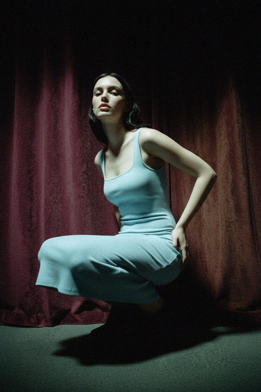 Sukienka midi z prążkowanym kwadratowym dekoltem i dopasowaną lamówką zdjęcie 3