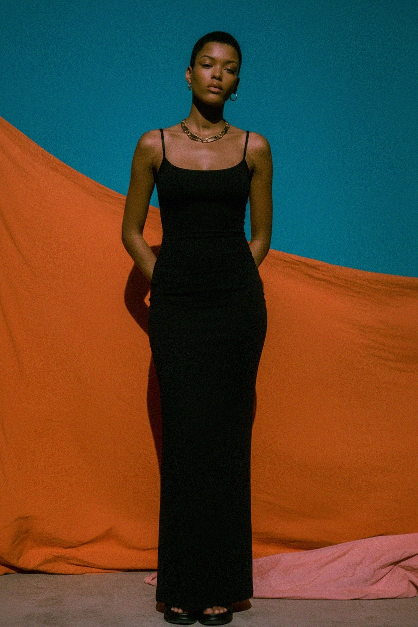 Czarna dopasowana sukienka maxi na ramiączkach typu spaghetti zdjęcie 2