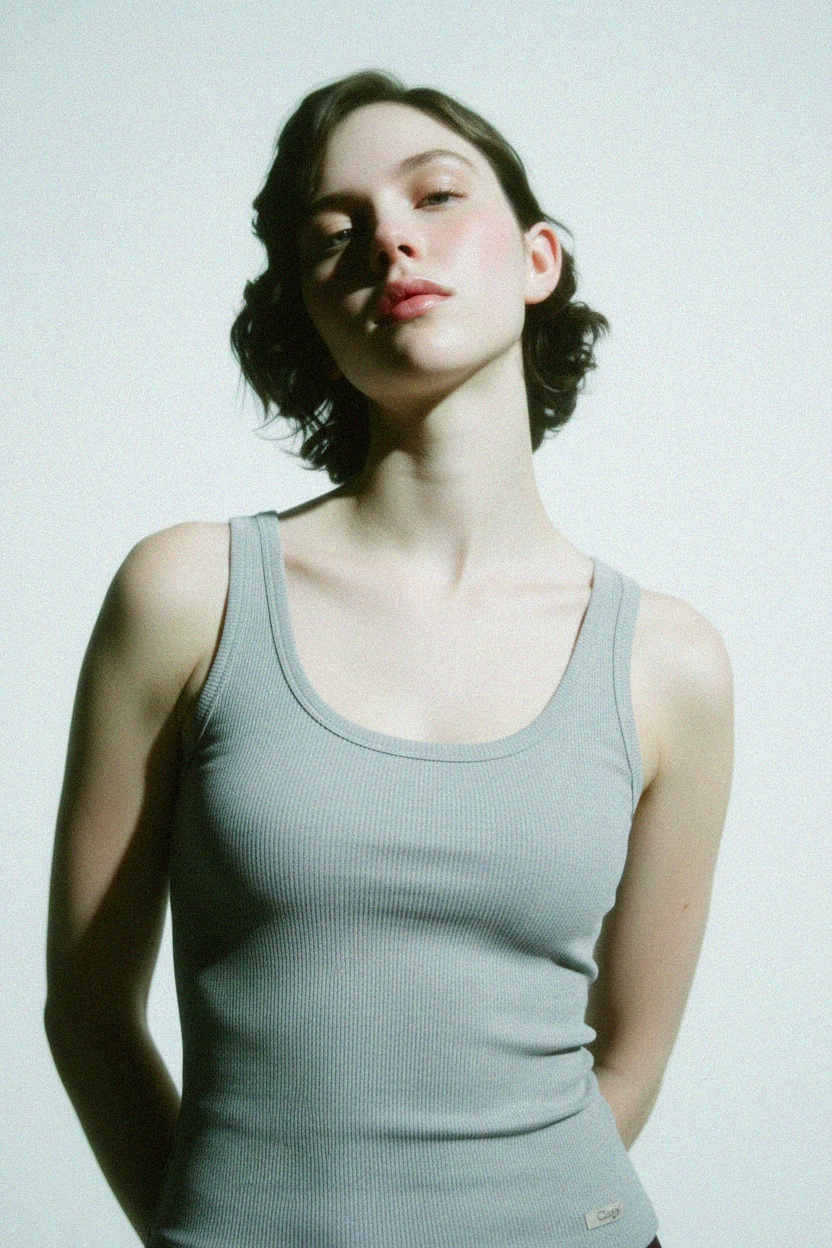 Dopasowany szary prążkowany top z okrągłym dekoltem zdjęcie 2