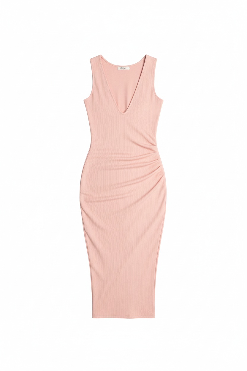 Sukienka midi bez rękawów, prążkowana, z dekoltem w serek – różowa zdjęcie 1