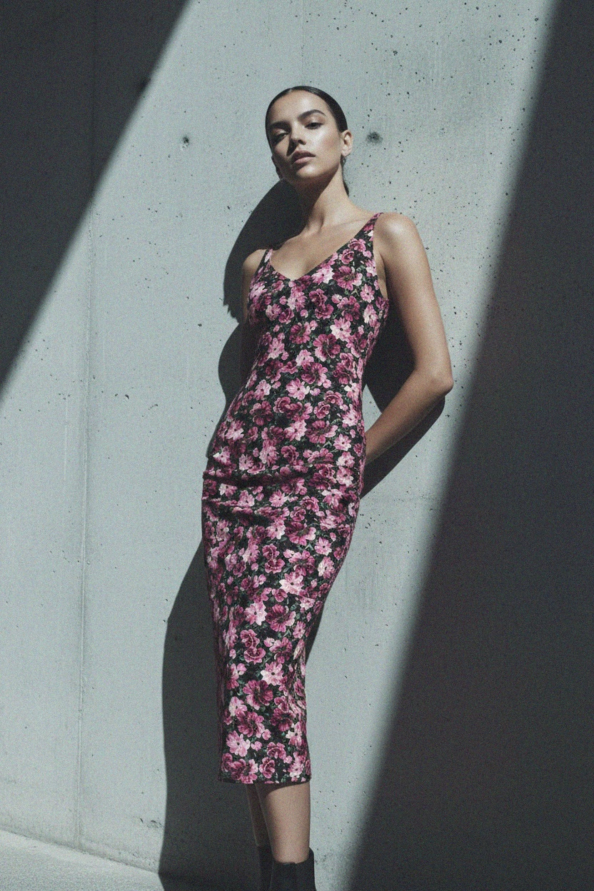 Sukienka midi z kwiatowym nadrukiem i dekoltem w serek zdjęcie 3