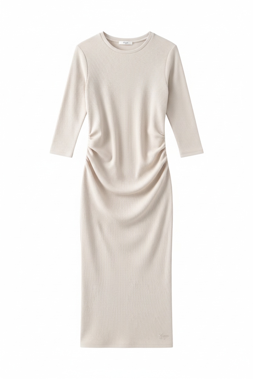 Sukienka midi z prążkowanej dzianiny z rękawami 3/4 zdjęcie 1