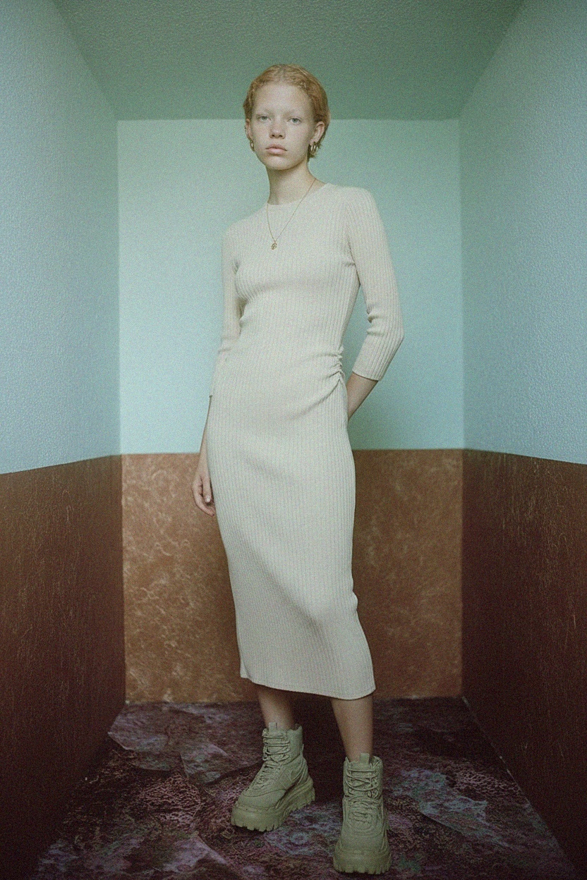 Sukienka midi z prążkowanej dzianiny z rękawami 3/4 zdjęcie 2