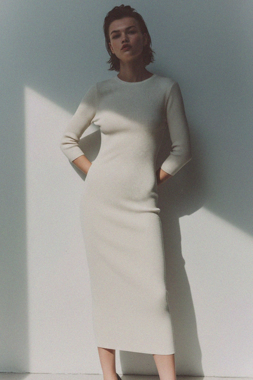 Sukienka midi z prążkowanej dzianiny z rękawami 3/4 zdjęcie 3