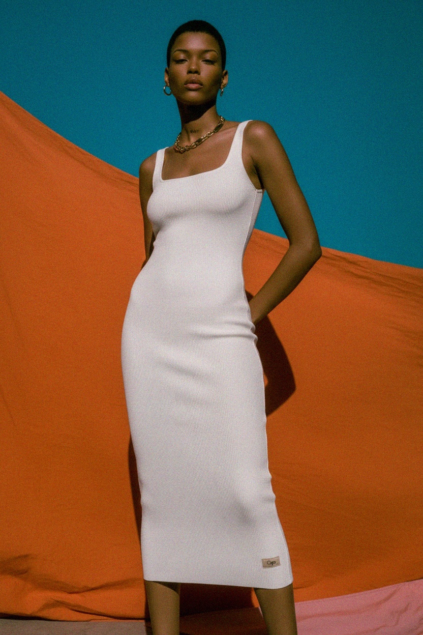 Elegancka, prążkowana, dopasowana sukienka midi w kolorze białym zdjęcie 3