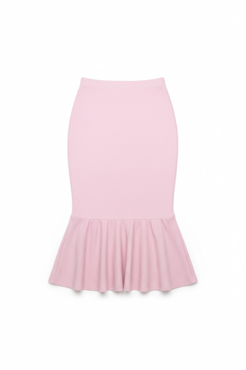 Pink Ribbed Fitted Midi Skirt with Ruffle Hem zdjęcie 1