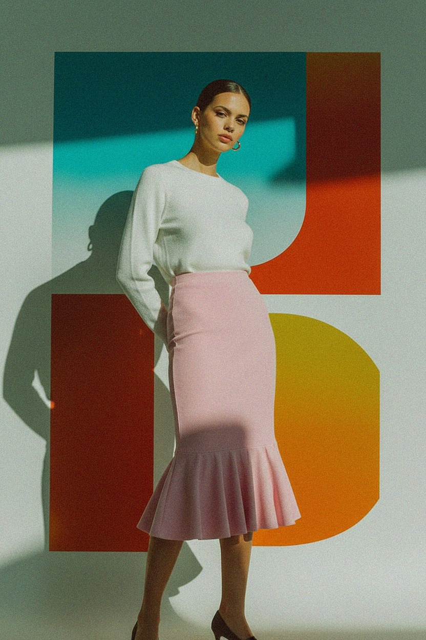 Pink Ribbed Fitted Midi Skirt with Ruffle Hem zdjęcie 2