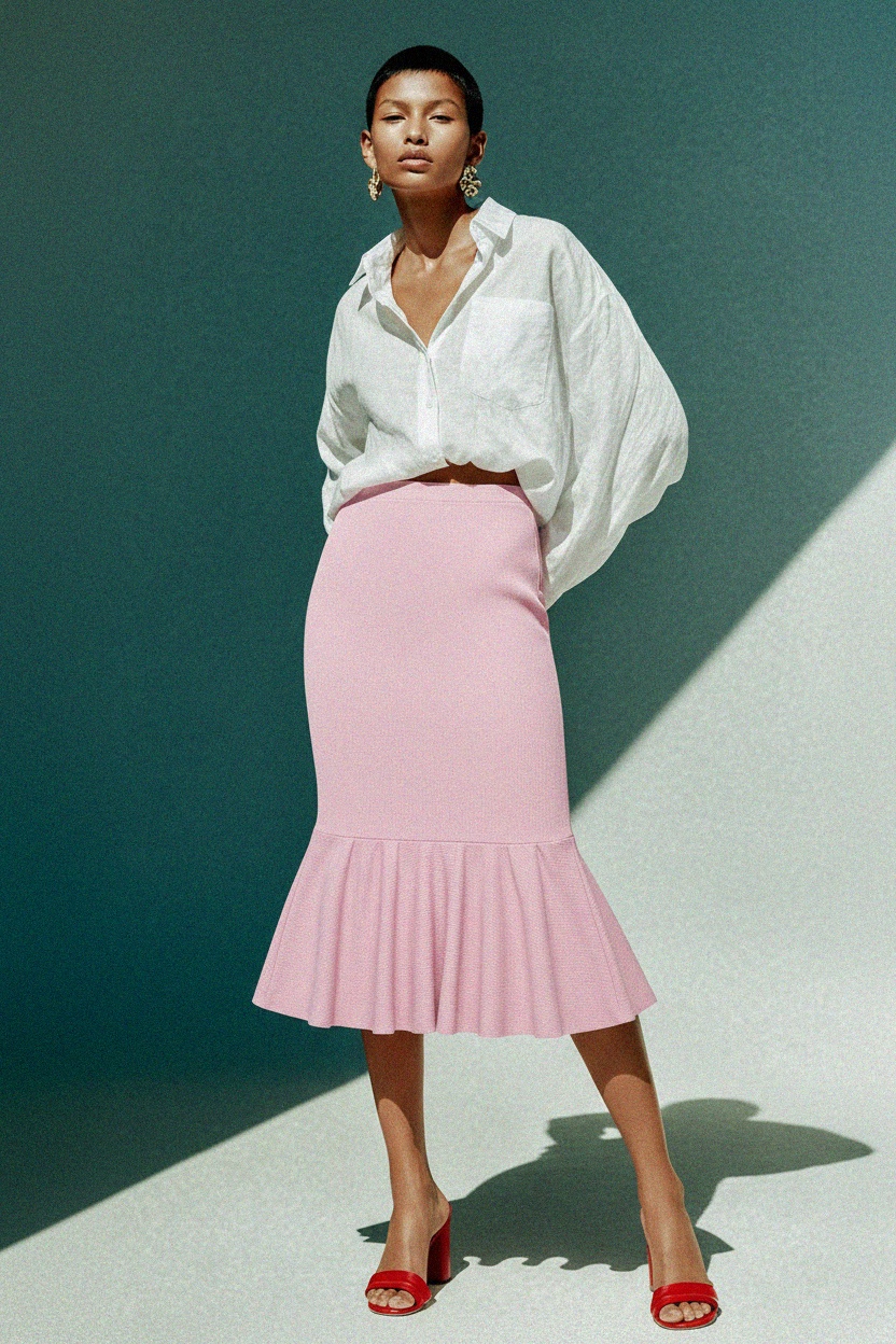 Pink Ribbed Fitted Midi Skirt with Ruffle Hem zdjęcie 3