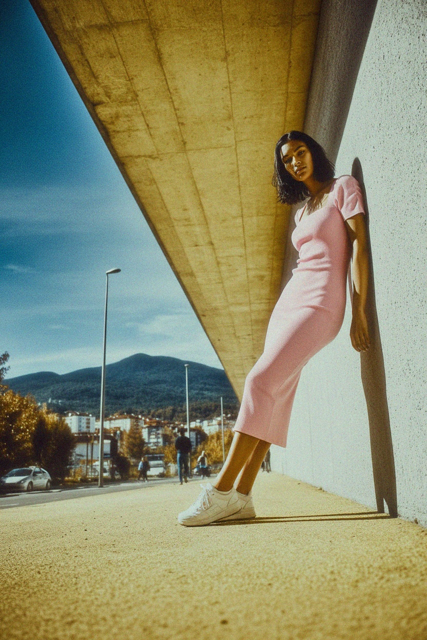 Różowa prążkowana sukienka midi z kwadratowym dekoltem zdjęcie 3