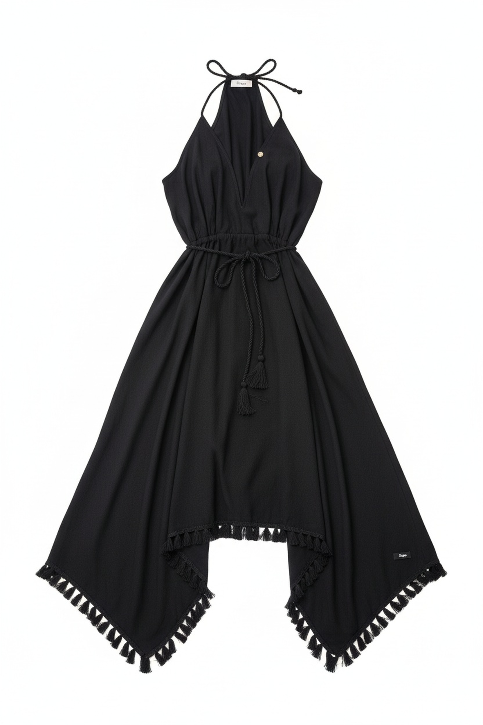 Black Halter Neck Midi Dress with Braided Waist & Tassels zdjęcie 1