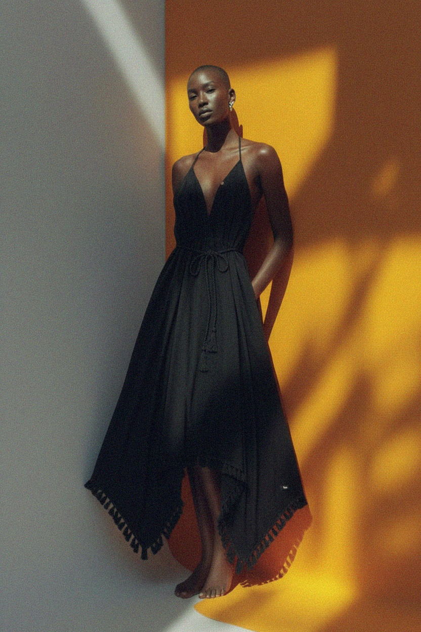 Black Halter Neck Midi Dress with Braided Waist & Tassels zdjęcie 4