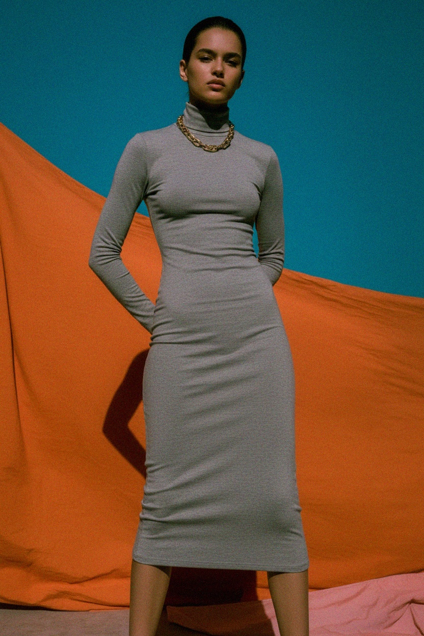 Dopasowana sukienka midi z długim rękawem i golfem zdjęcie 3