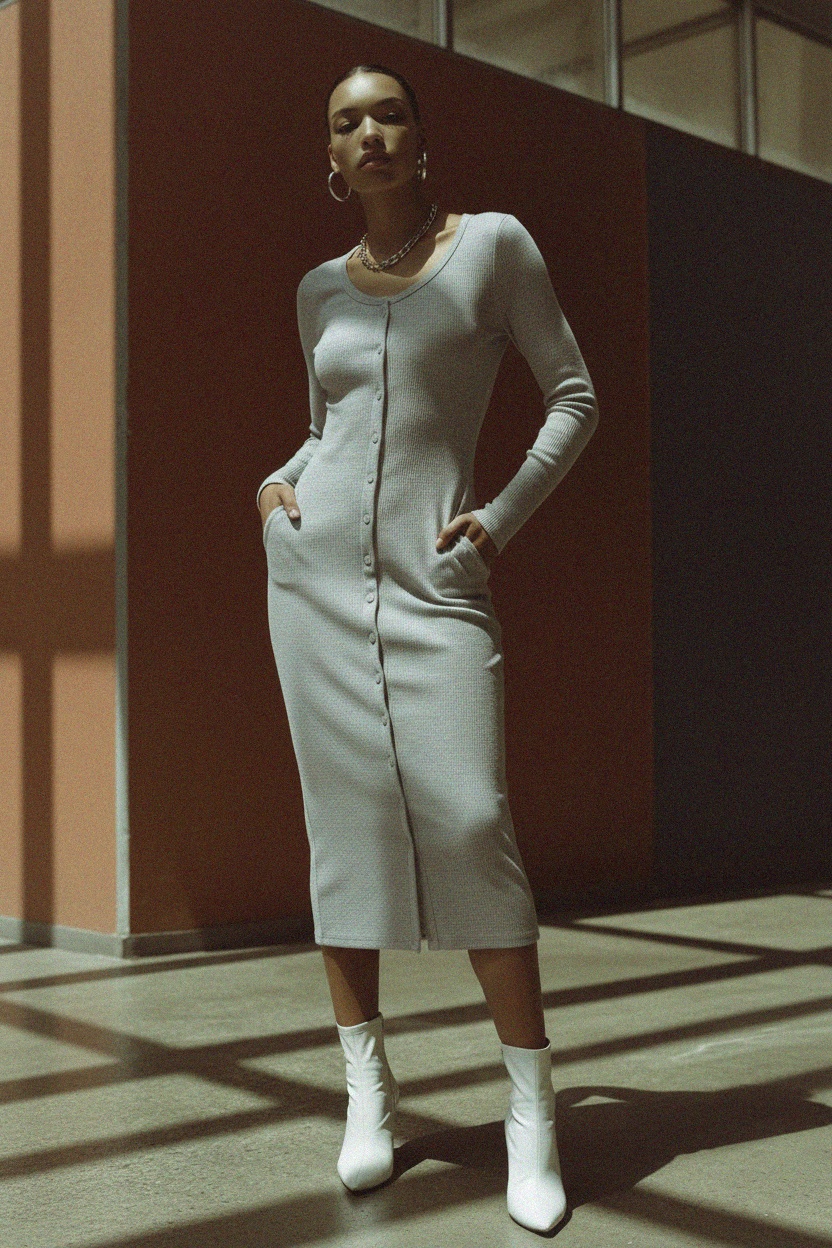 Dopasowana, prążkowana sukienka midi z guzikami z przodu zdjęcie 2