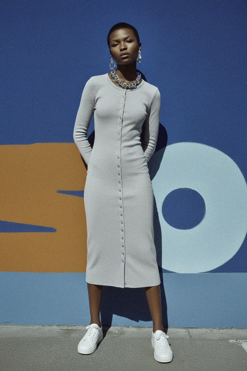 Dopasowana, prążkowana sukienka midi z guzikami z przodu zdjęcie 3