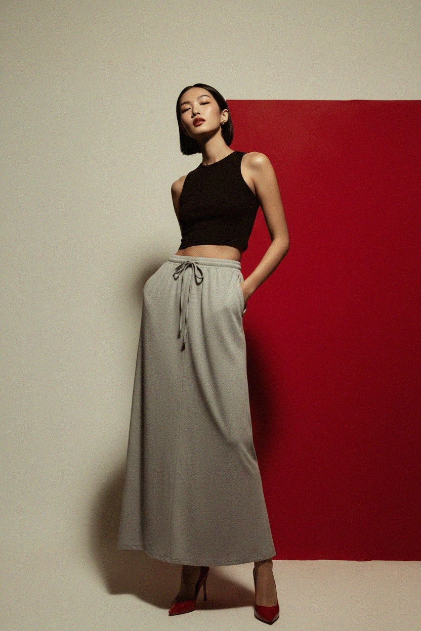 Comfortable Grey Maxi Skirt with Drawstring Waist zdjęcie 2
