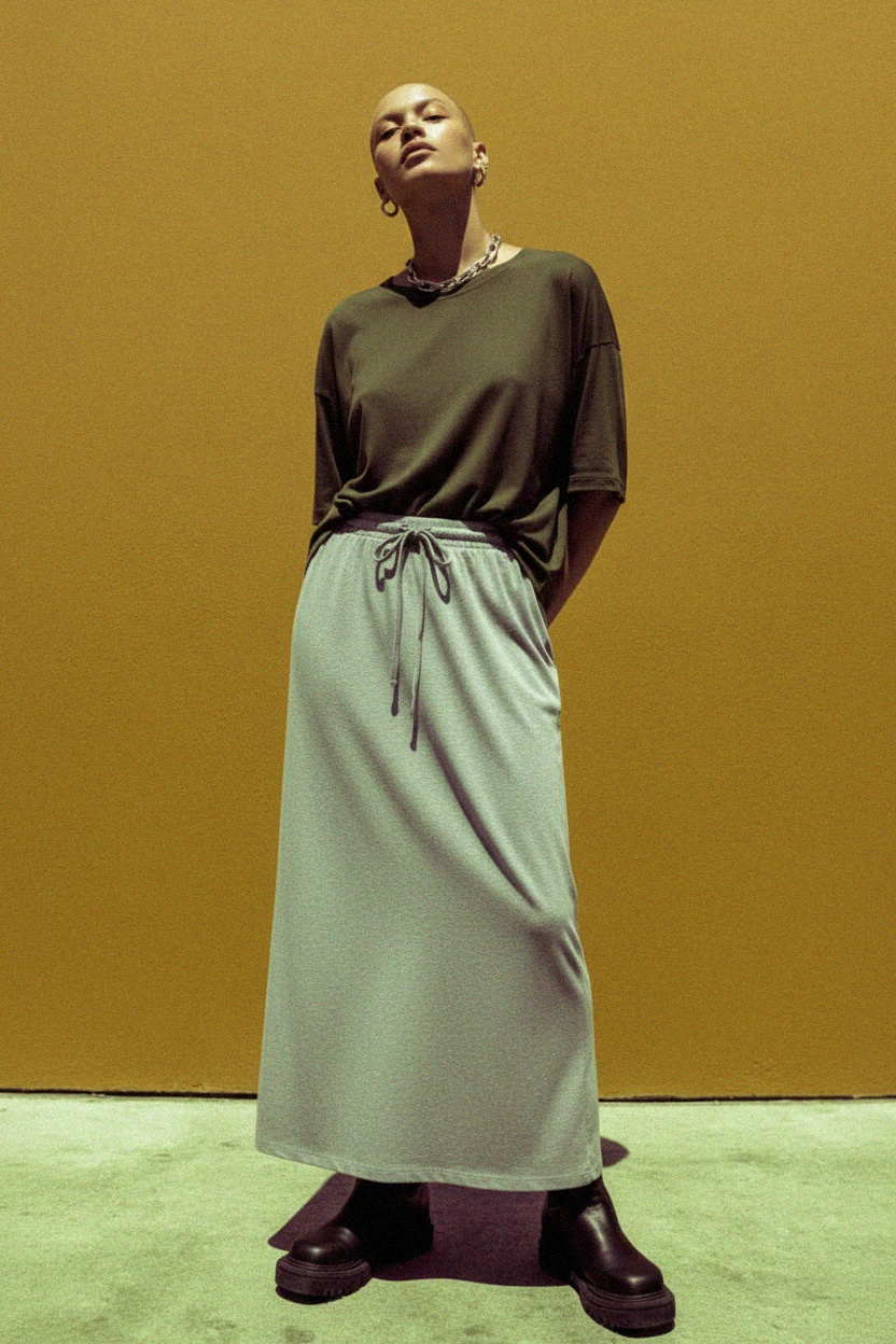 Comfortable Grey Maxi Skirt with Drawstring Waist zdjęcie 3