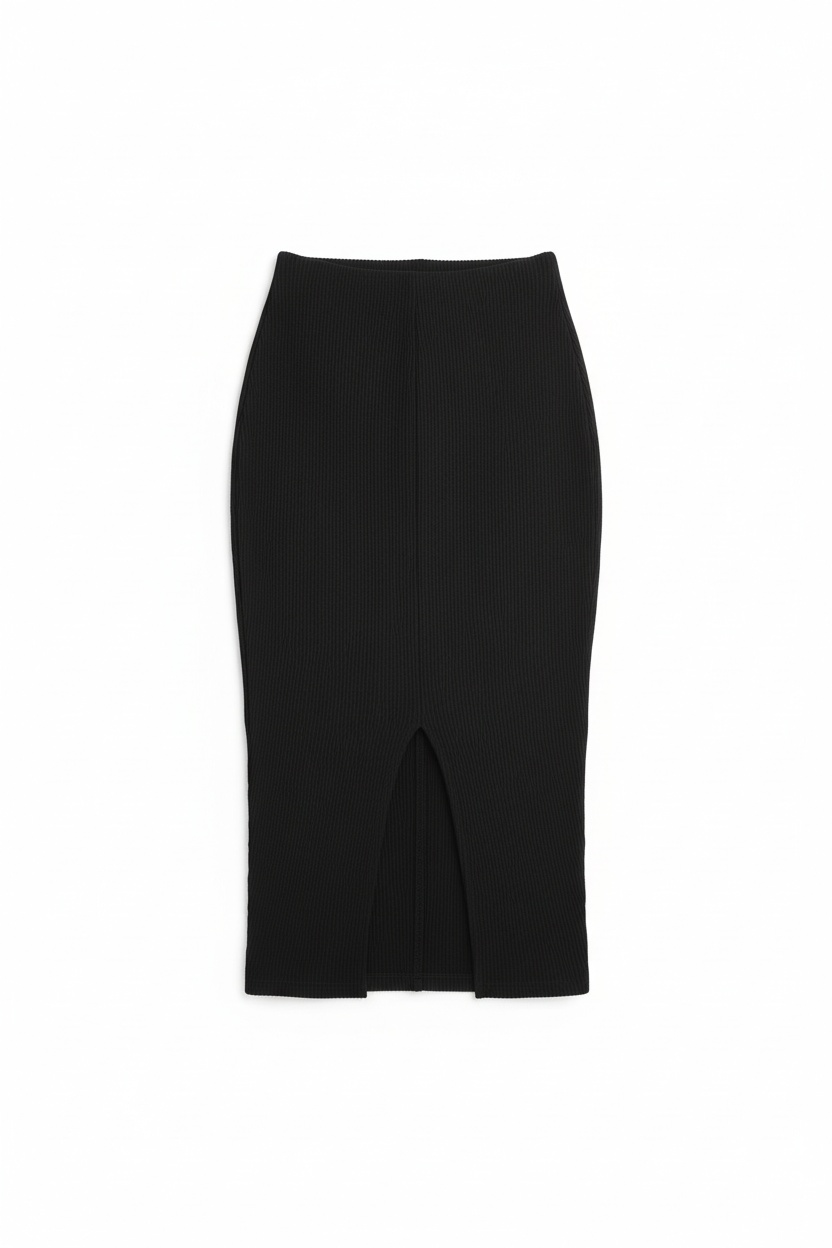 Black Ribbed Midi Skirt with Front Slit zdjęcie 1