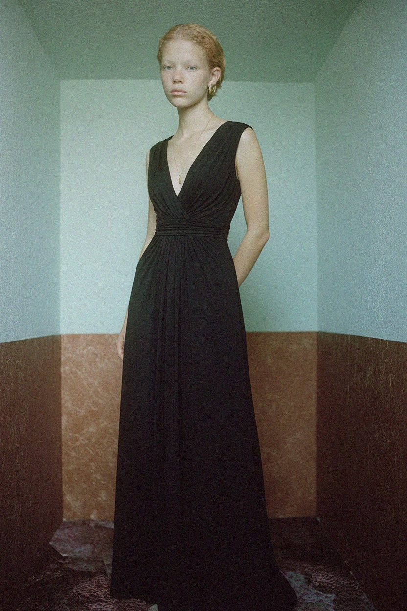 Elegancka czarna sukienka maxi z głębokim dekoltem w serek zdjęcie 2