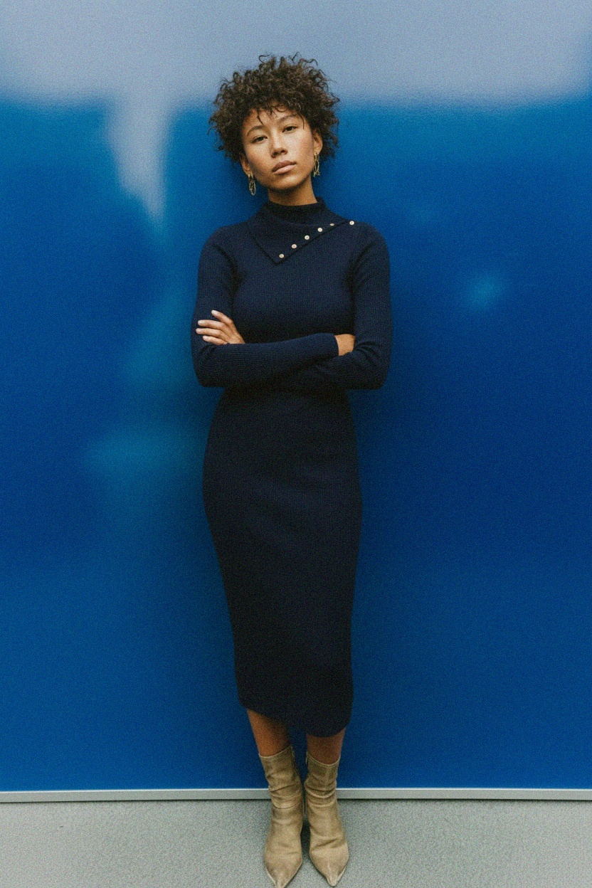 Dopasowana prążkowana sukienka midi z asymetrycznym dekoltem zapinanym na guziki zdjęcie 3