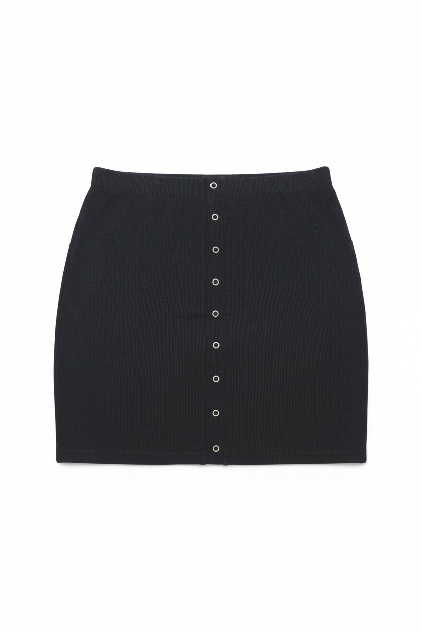 Black Ribbed Knit Mini Skirt with Snap Buttons zdjęcie 1
