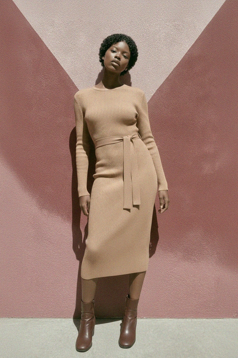 Sukienka midi z prążkowanej dzianiny z wiązaniem w talii zdjęcie 3