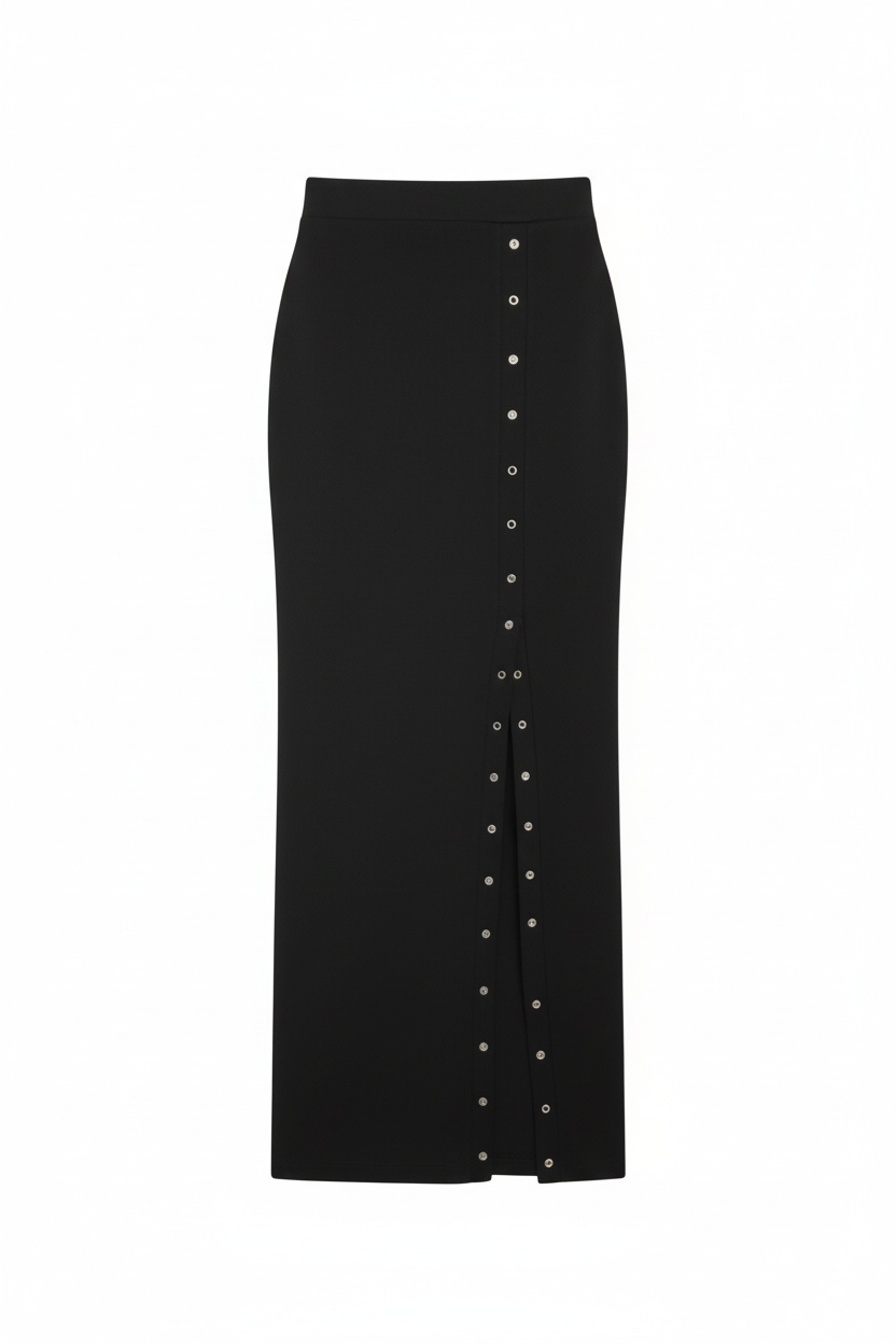 Czarna długa spódnica z bocznymi guzikami zatrzaskowymi i wysokim rozcięciem zdjęcie 1