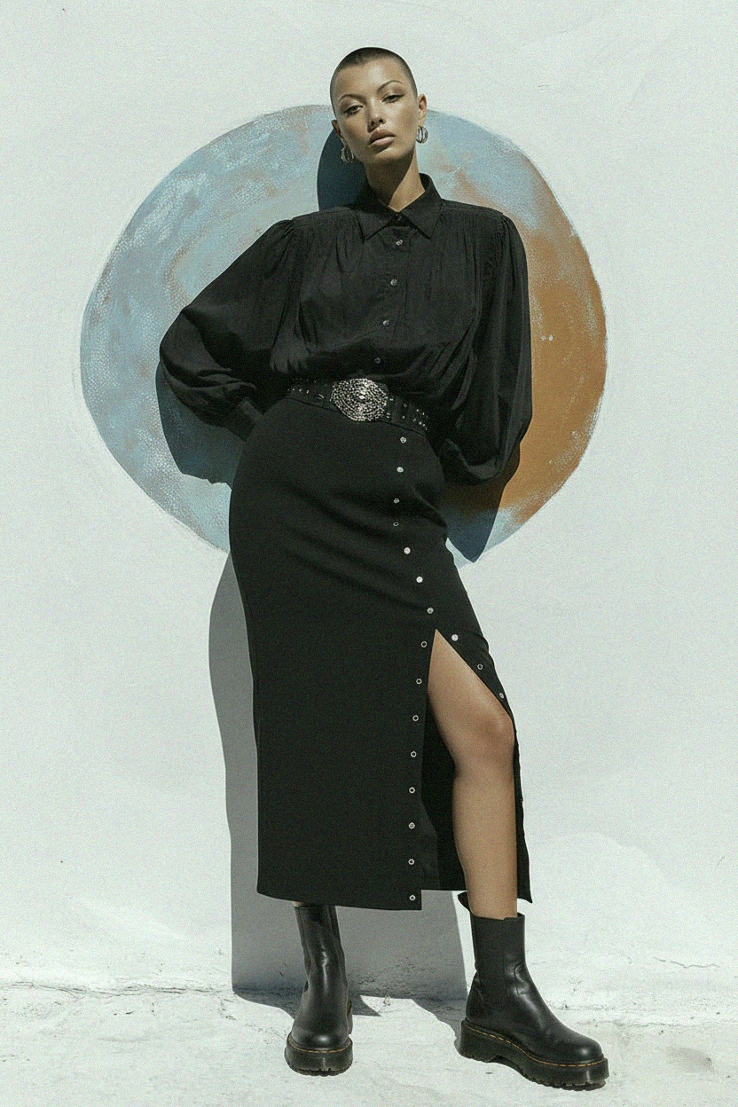 Czarna długa spódnica z bocznymi guzikami zatrzaskowymi i wysokim rozcięciem zdjęcie 2