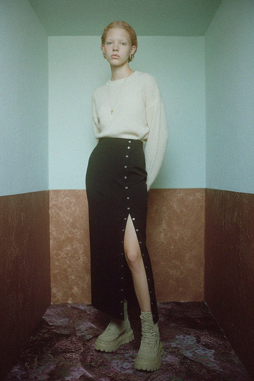 Czarna długa spódnica z bocznymi guzikami zatrzaskowymi i wysokim rozcięciem zdjęcie 3