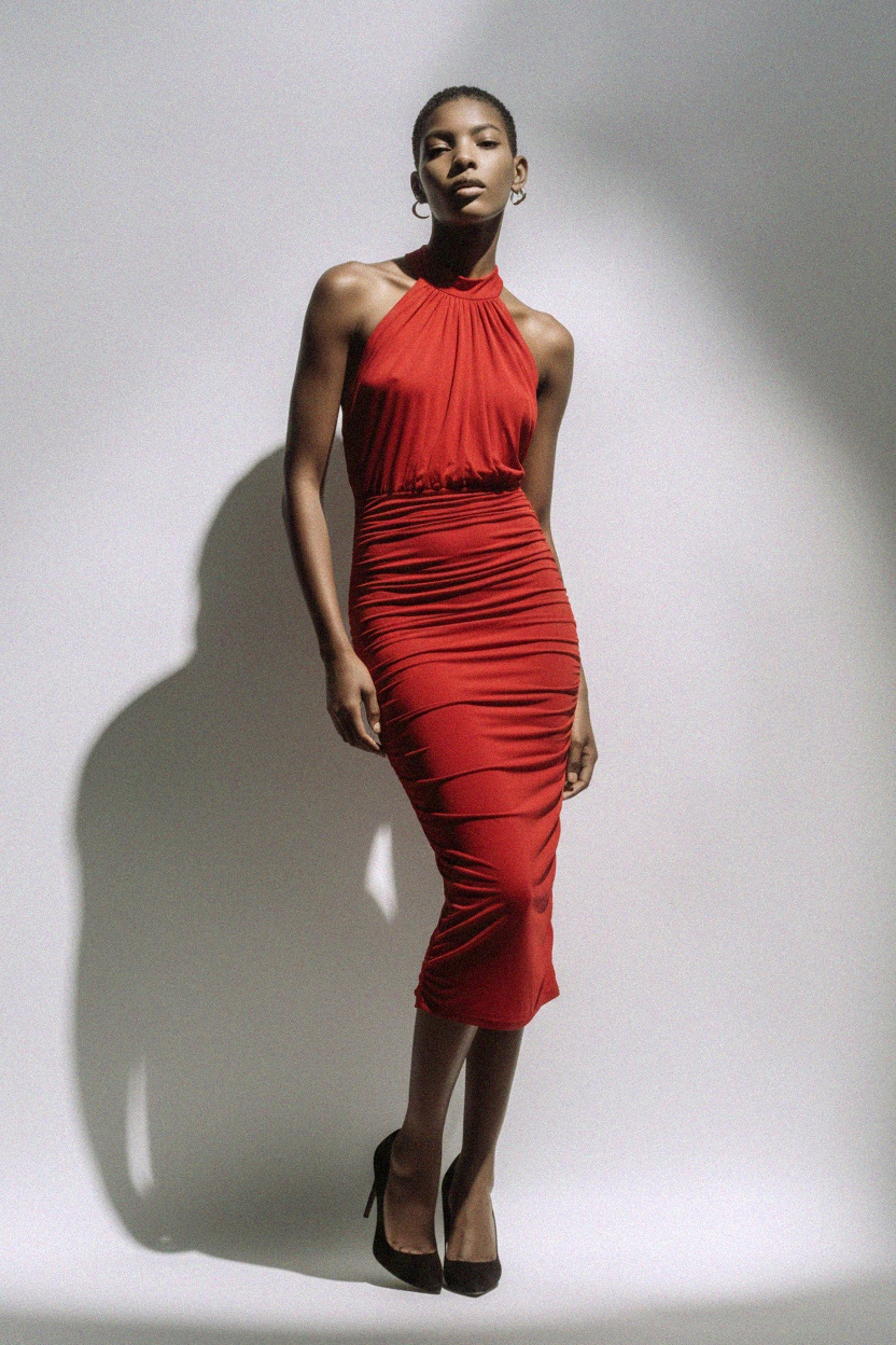 Czerwona sukienka midi z marszczeniami i dekoltem halter zdjęcie 3