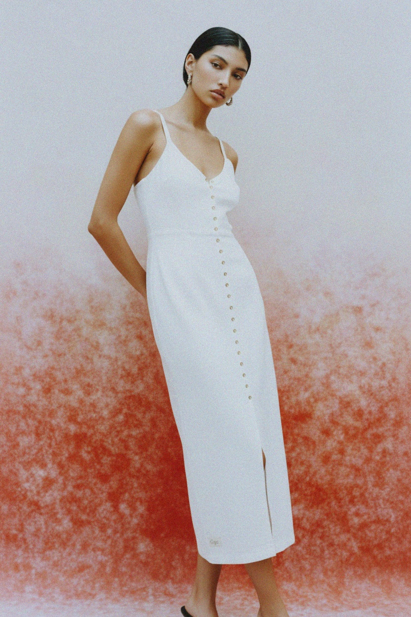 Biała sukienka midi bez rękawów z guzikami zdjęcie 3