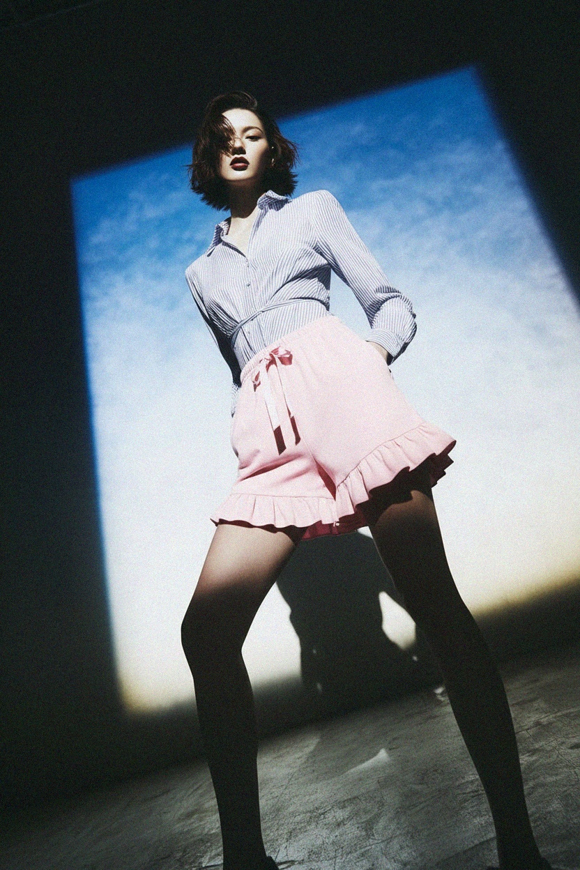 Pink Ruffled Hem Drawstring Shorts zdjęcie 3