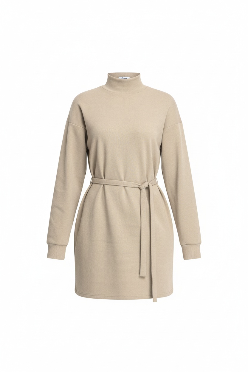 Beżowa prążkowana sukienka mini z paskiem zdjęcie 1