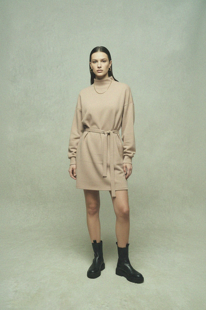 Beżowa prążkowana sukienka mini z paskiem zdjęcie 3