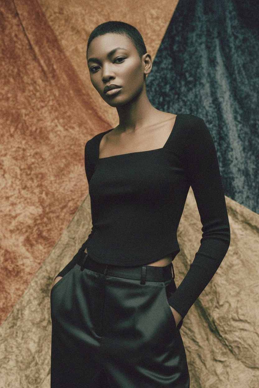 Czarny prążkowany top z kwadratowym dekoltem i długim rękawem zdjęcie 3