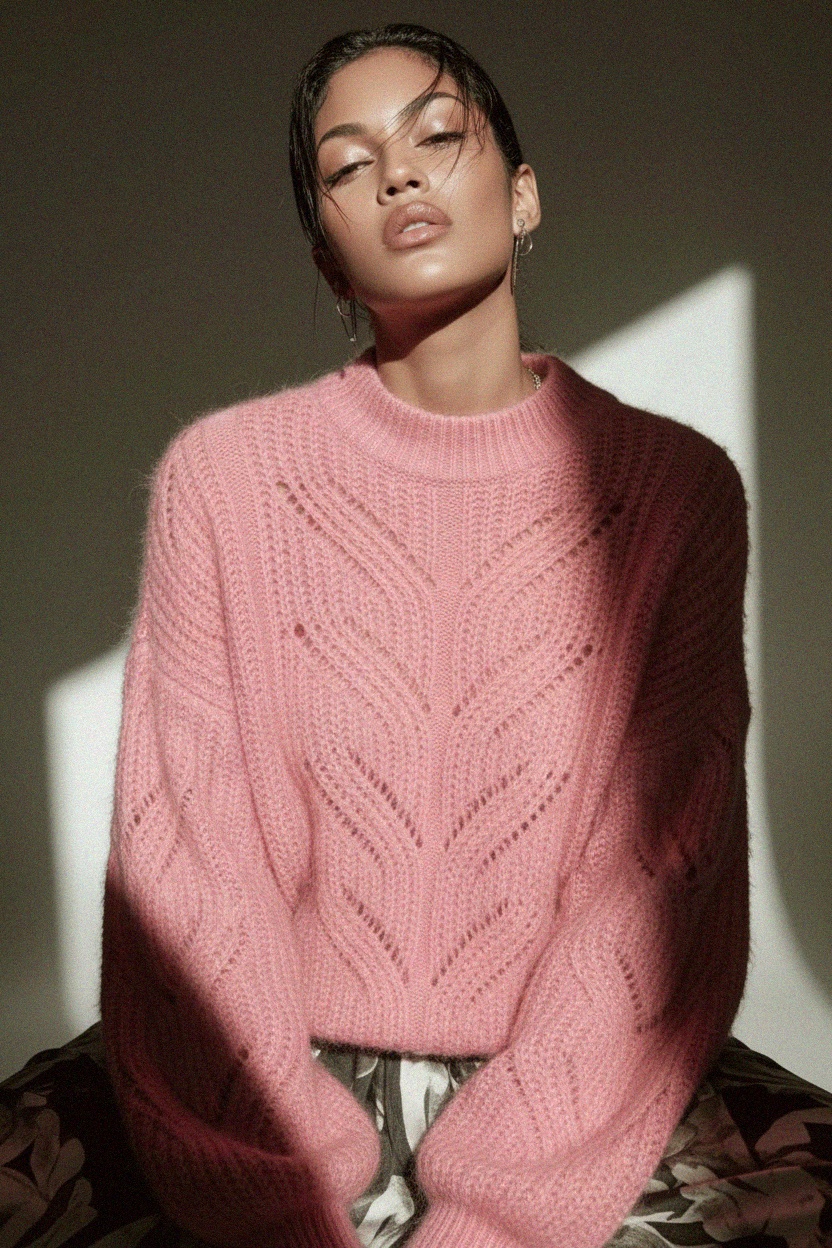 Pink Open-Knit Oversized Sweater zdjęcie 3