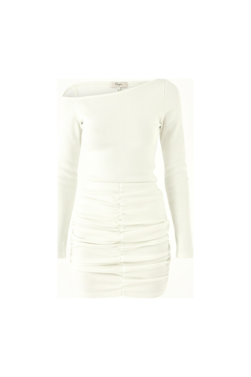 Biała prążkowana sukienka mini z marszczeniami i odkrytymi ramionami zdjęcie 1