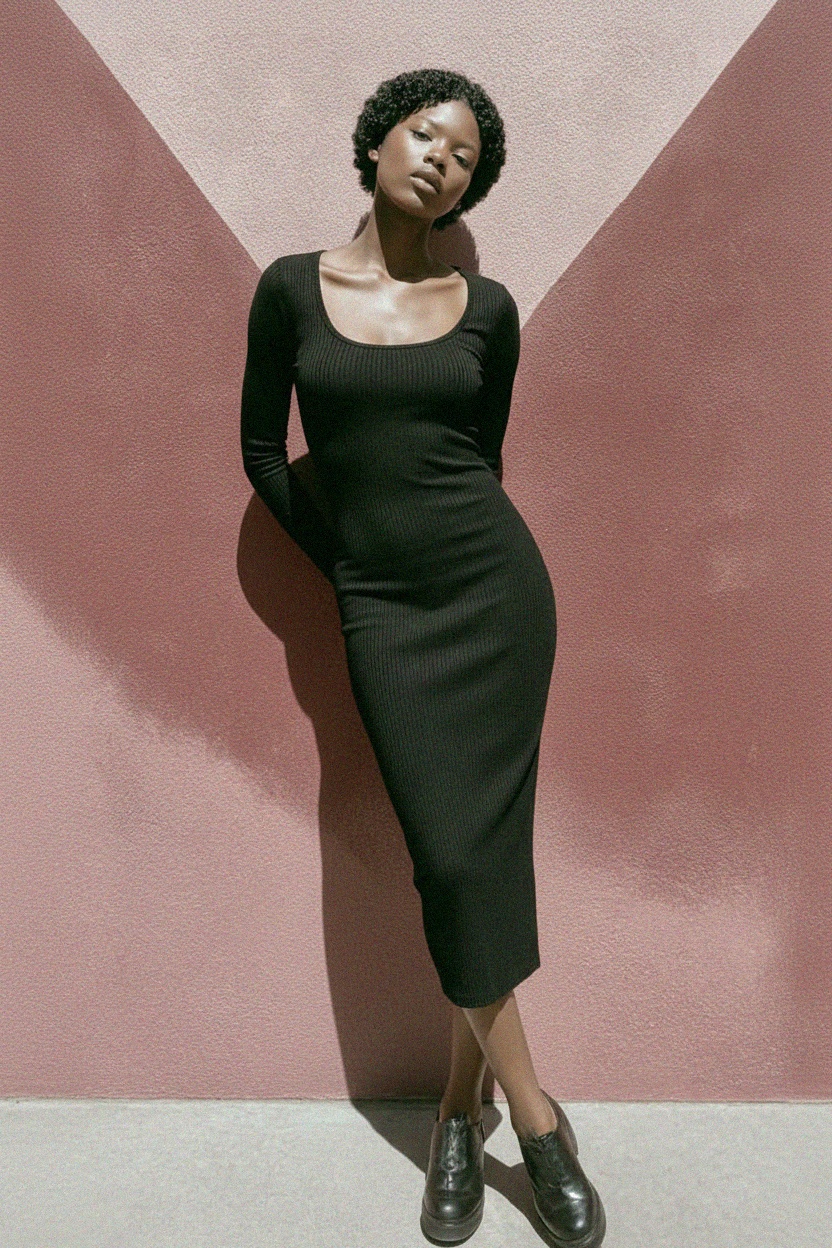 Czarna prążkowana sukienka midi z długim rękawem i okrągłym dekoltem zdjęcie 3