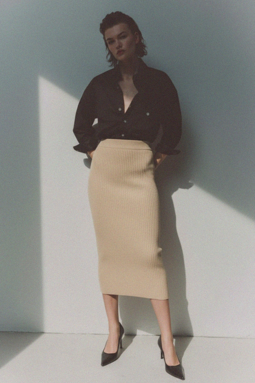 Beige Ribbed Knit Bodycon Midi Skirt zdjęcie 2