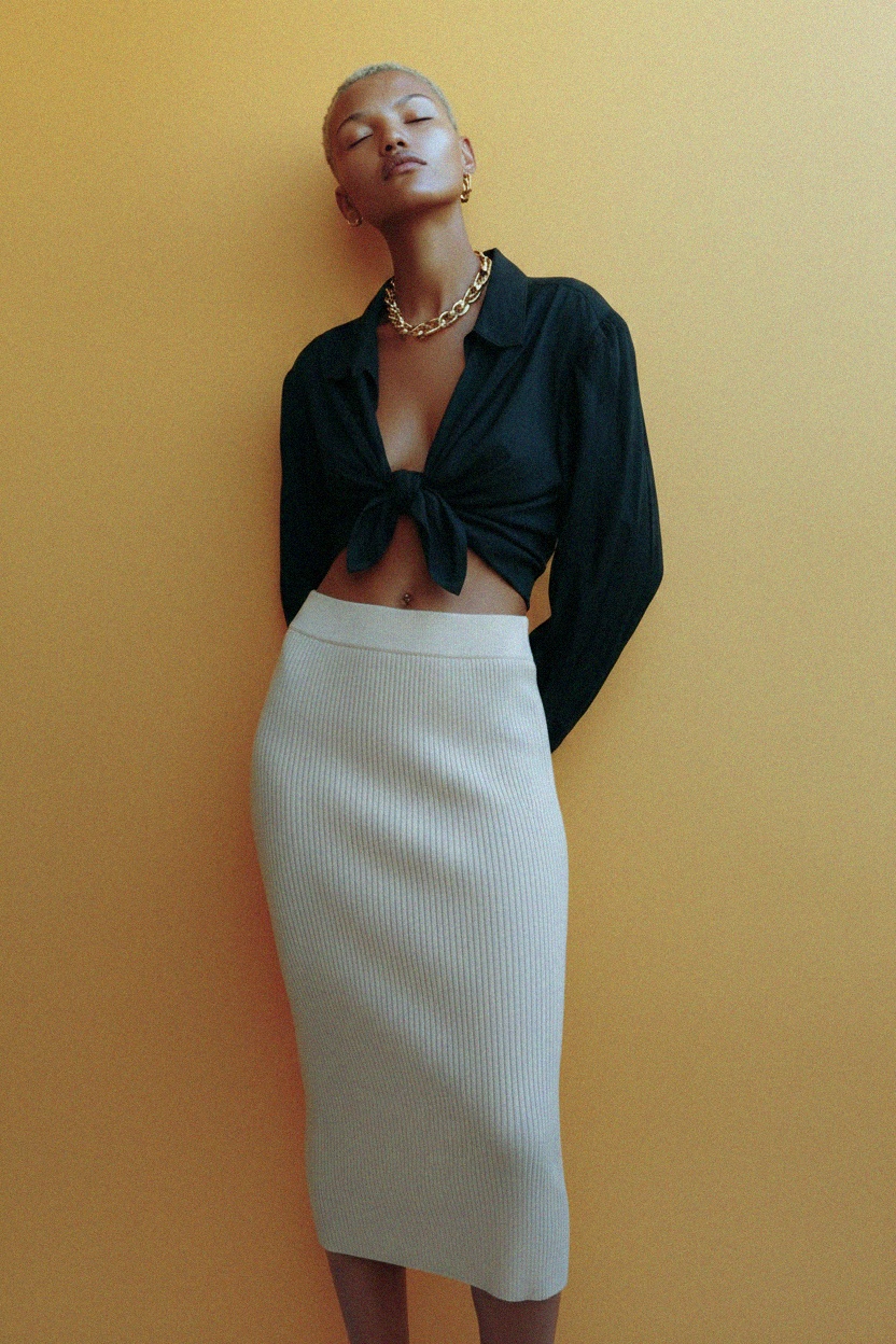 Beige Ribbed Knit Bodycon Midi Skirt zdjęcie 3