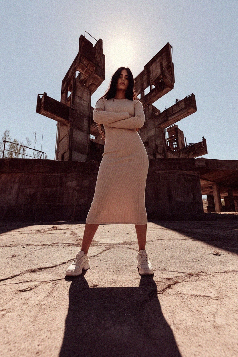 Beżowa prążkowana sukienka midi z długim rękawem zdjęcie 2