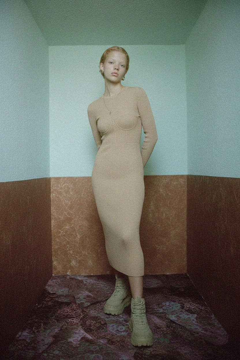 Beżowa prążkowana sukienka midi z długim rękawem zdjęcie 3