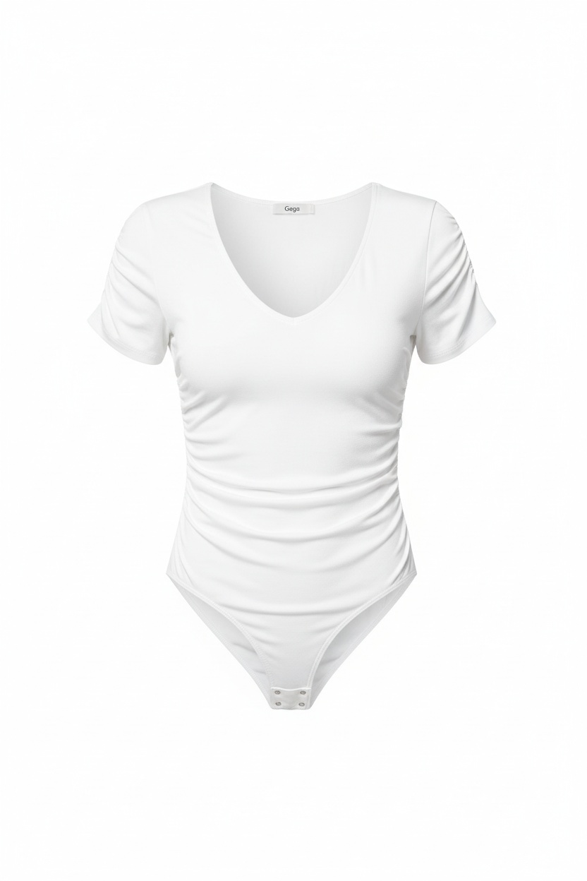 Niezbędny biały body z krótkim rękawem i dekoltem w serek zdjęcie 1