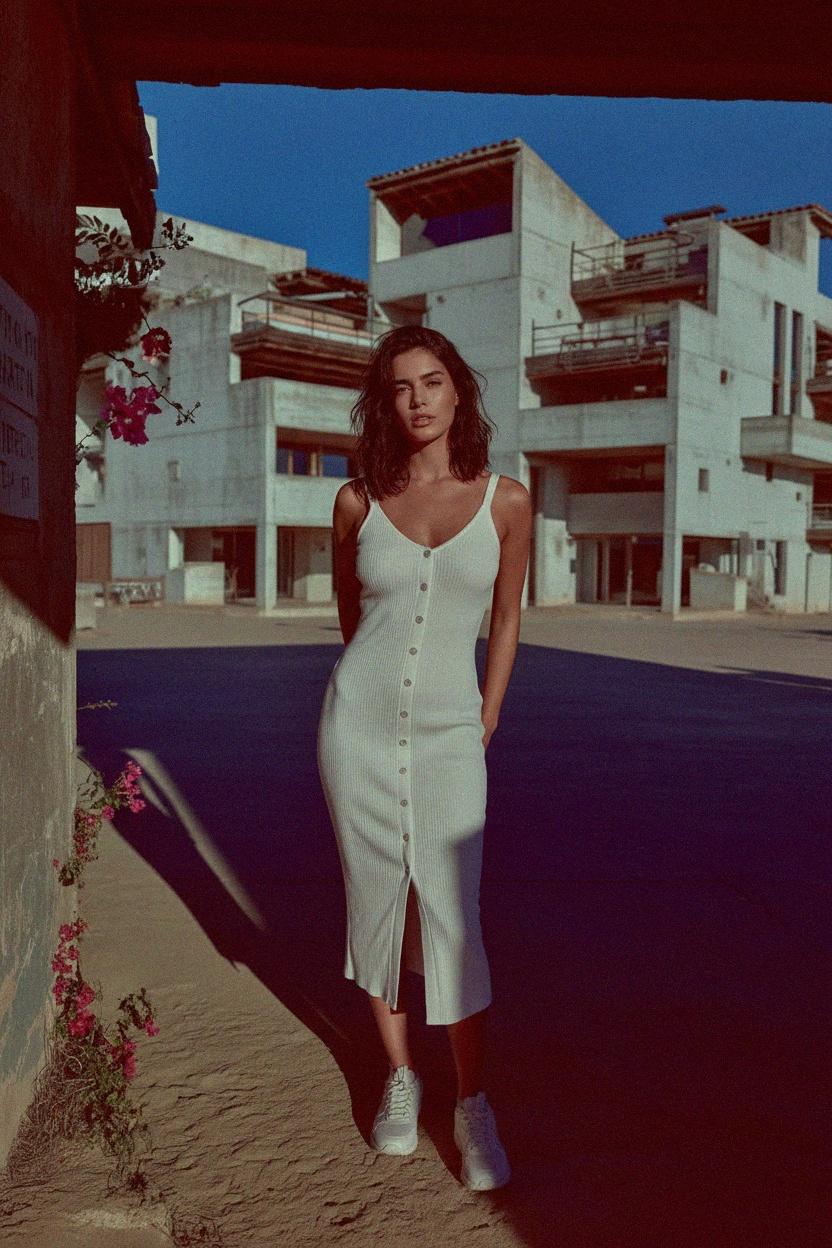 Biała prążkowana sukienka midi z guzikami z przodu zdjęcie 2