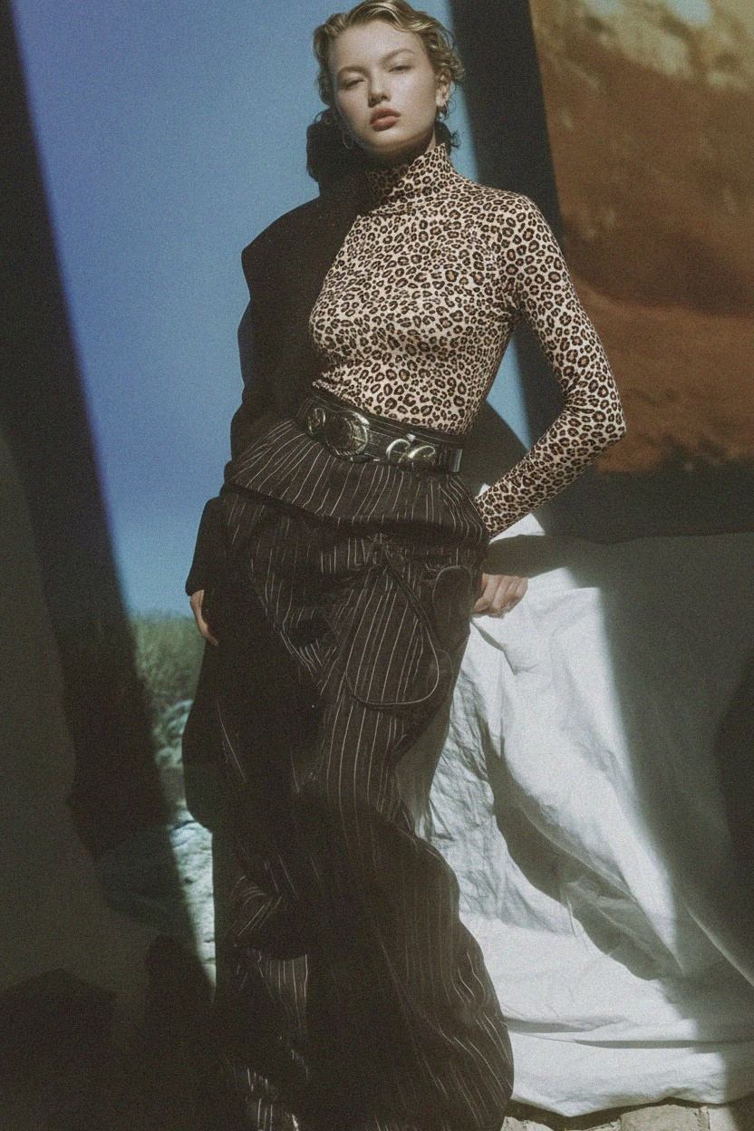 Chic Leopard Print Fitted Turtleneck Top zdjęcie 3