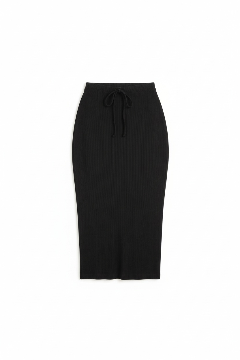 Black Ribbed Drawstring Midi Skirt zdjęcie 1
