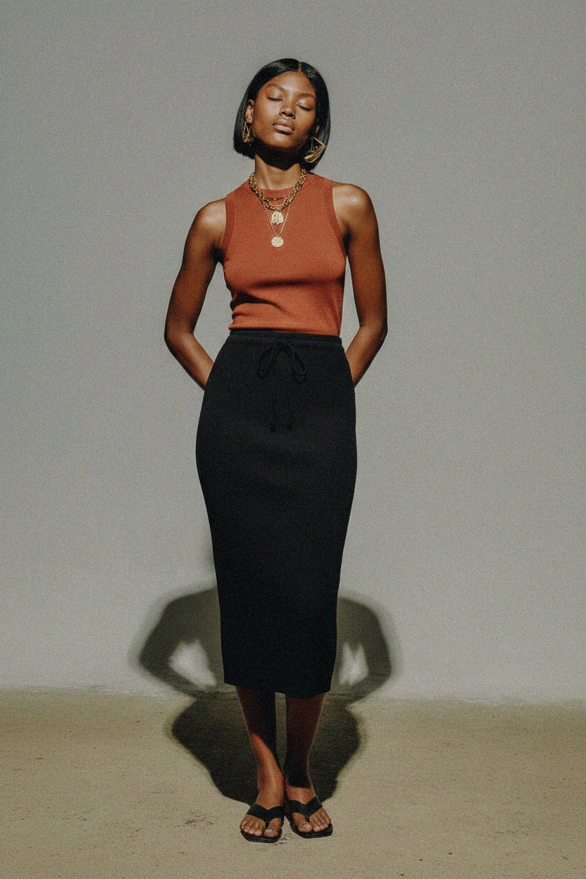 Black Ribbed Drawstring Midi Skirt zdjęcie 3