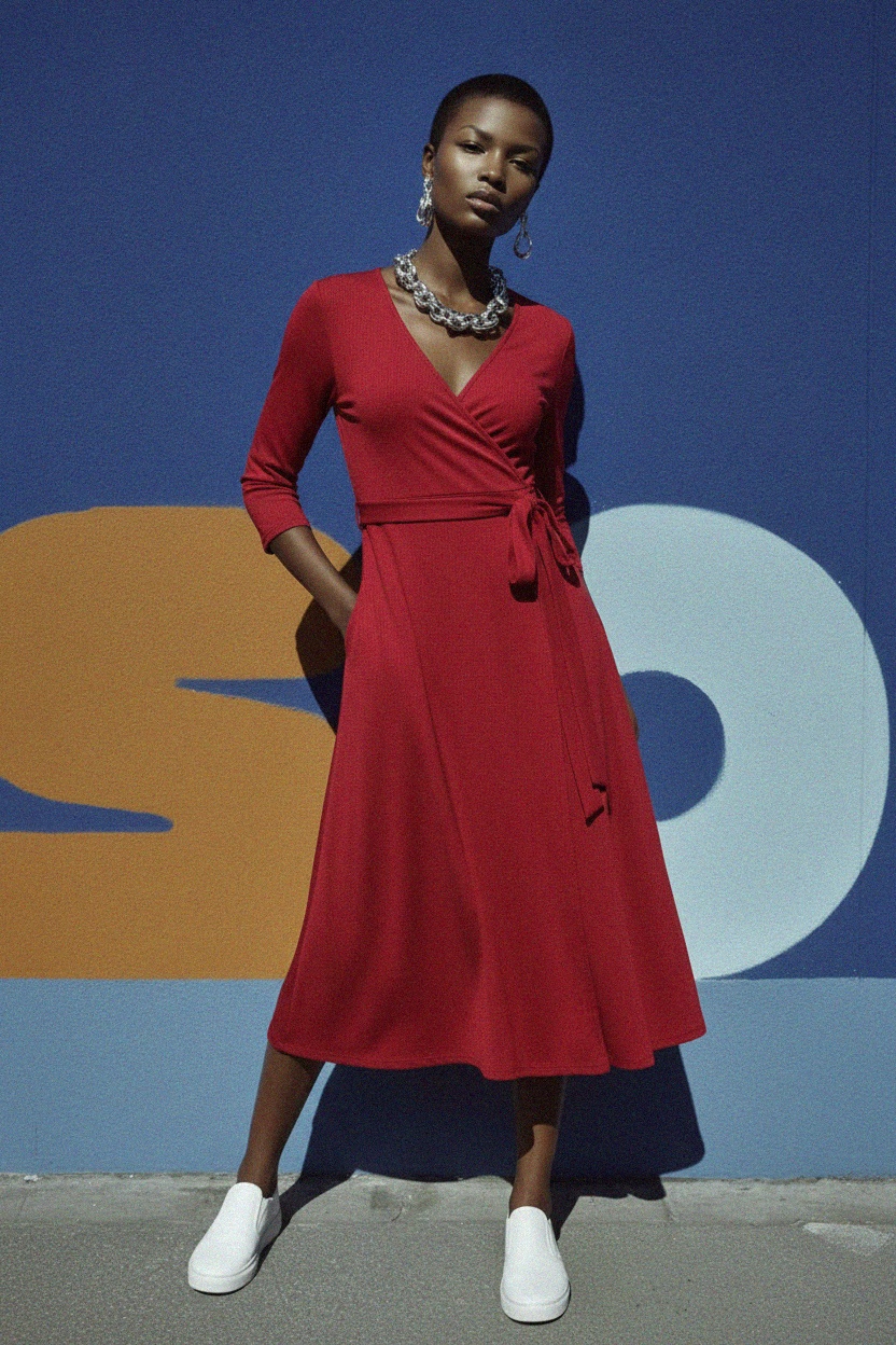 Elegancka czerwona sukienka midi z kopertowym dekoltem zdjęcie 2