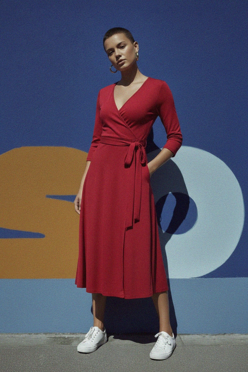 Elegancka czerwona sukienka midi z kopertowym dekoltem zdjęcie 3