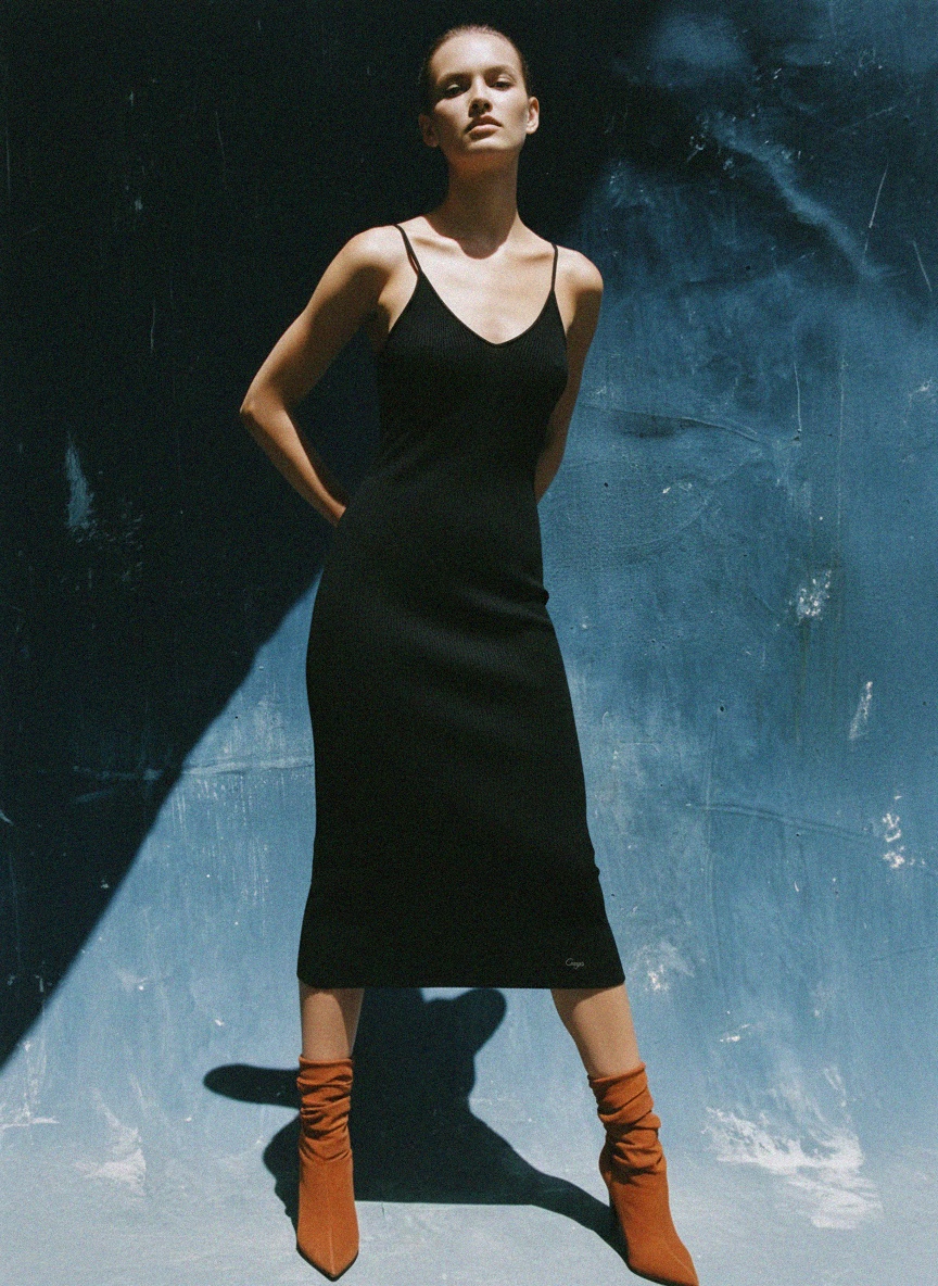 Elegancka prążkowana sukienka midi z dekoltem w serek – czarna zdjęcie 3